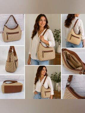 rosetti drew coho woven  shoulder bag tan faux leather trim zip pockets boho